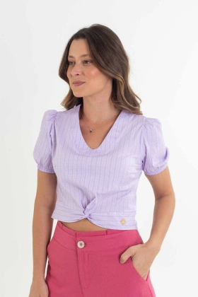 Blusa Cropped Decote V Com Barra Transpassada